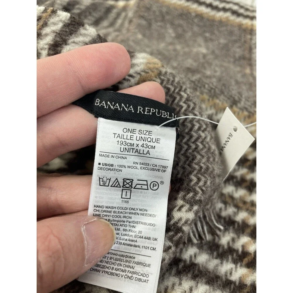Banana Republic Mens 100% Wool Houndstooth & Plaid Scarf Brown Tan Cream NWT $75